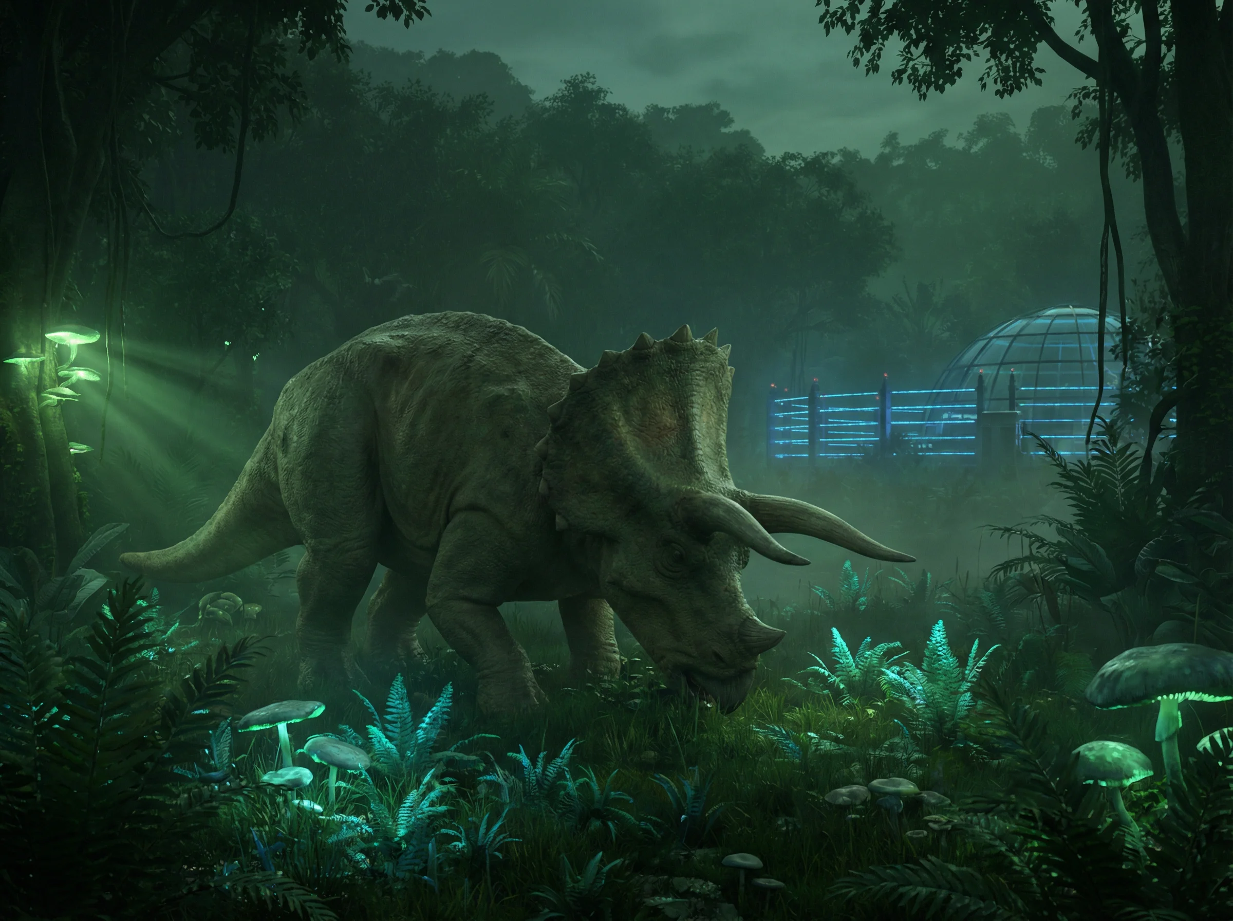 三角龙在草地上漫步 - 恐龙公园温和的草食恐龙